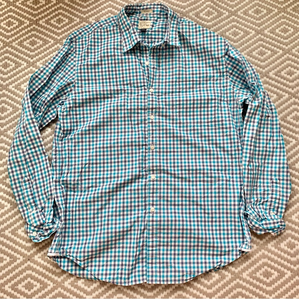 J. Crew Plaid Gingham Striped Blue Long Sleeve Button Down Shirt Men's Large